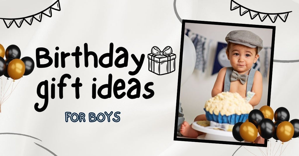 Excited boy opening a birthday gift with balloons and decorations