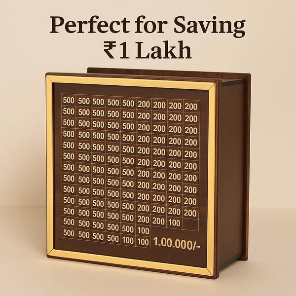 Premium Wooden 1 Lakh Money Saving Box with Gold Frame – Stylish Indian Currency Tracker Bank - IG Store