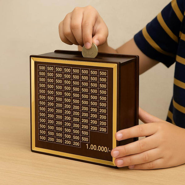 Premium Wooden 1 Lakh Money Saving Box with Gold Frame – Stylish Indian Currency Tracker Bank - IG Store