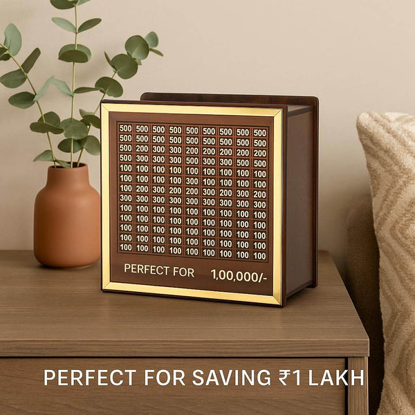 Premium Wooden 1 Lakh Money Saving Box with Gold Frame – Stylish Indian Currency Tracker Bank - IG Store