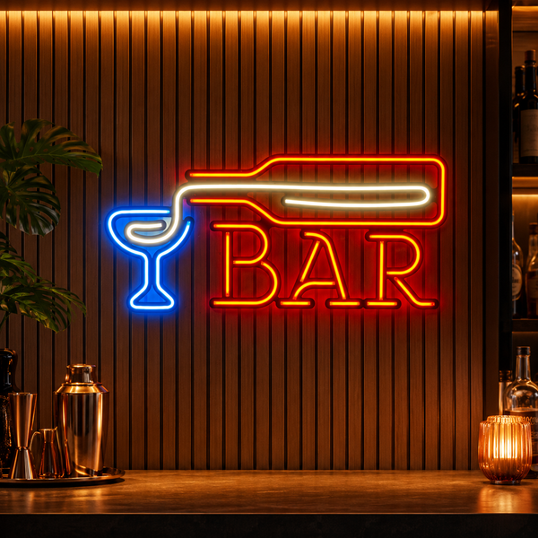 Premium BAR neon sign with bottle and cocktail glass on warm wooden wall for bar and lounge decor