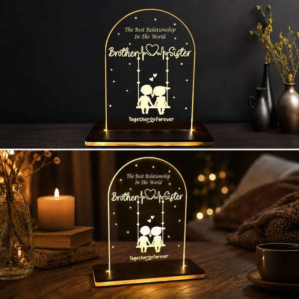 Brother Sister relationship LED acrylic table lamp in cozy bedside decor setup