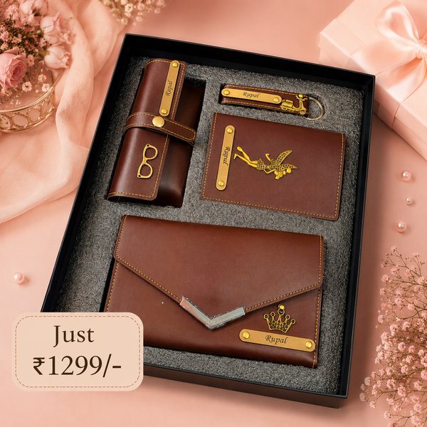 Custom name ladies leather gift hamper with purse, card holder and keychain on pink floral background