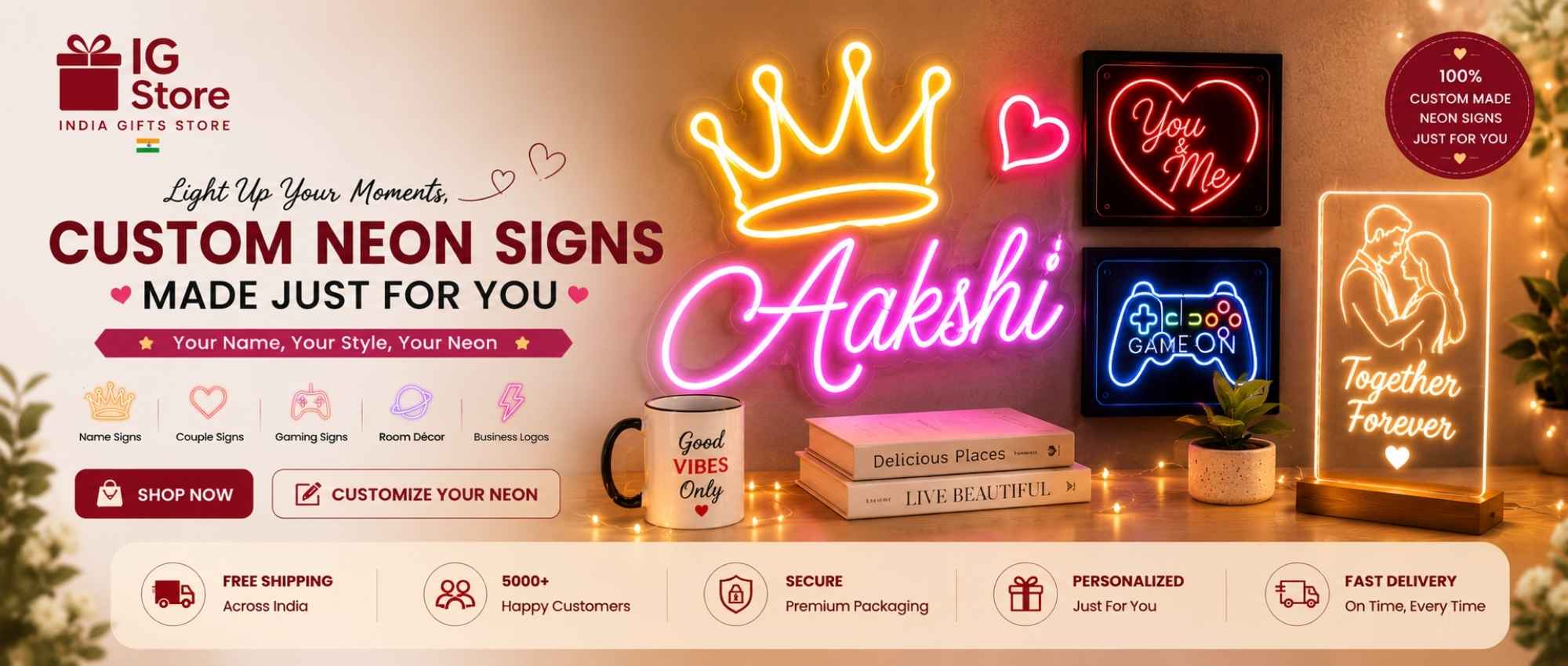 Neon signs with customizable text on a decorative setup, featuring a mug, books, and plants.
