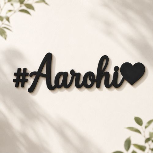 Black '#Aarohi' sign with a heart on a white background