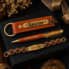 Customized Rakhi gift set for brother with name keychain, personalized pen and Rudraksha bracelet
