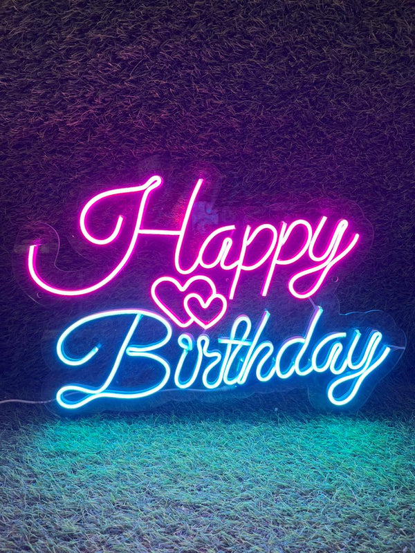 Blue & Pink Happy Birthday Neon with Double Heart