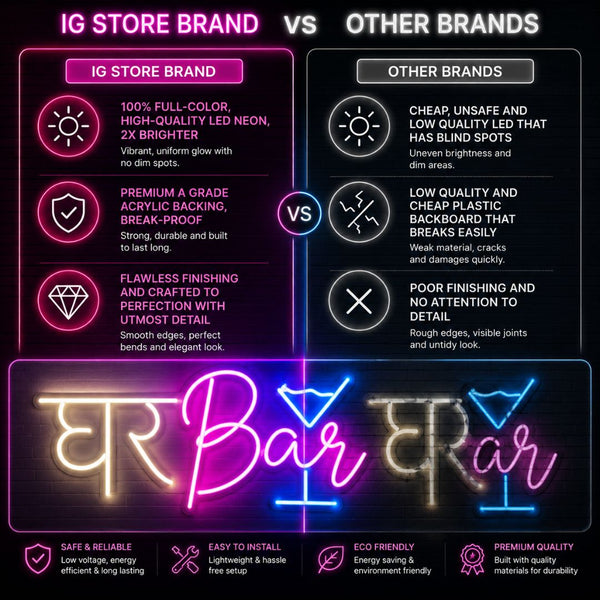 Comparison chart between IG Store Brand neon signs and other brands on a black background.