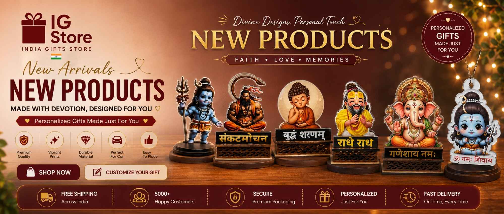 Premium Divine Car Dashboard Idols Collection by IG Store including Mahakal, Hanuman, Ganesh, Shiv, Buddha and Khatu Shyam Dashboard Decor