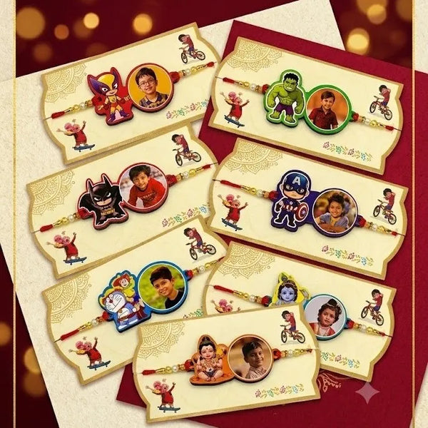 Kids photo rakhi with personalized child photo and cartoon theme options for Raksha Bandhan