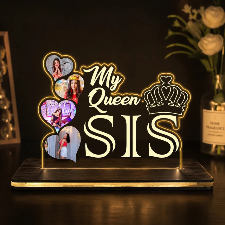 My Queen Sis photo LED acrylic table lamp on elegant warm home decor background