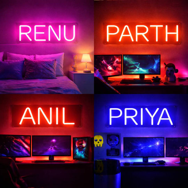 Neon signs with names 'RENU', 'PARTH', 'ANIL', and 'PRIYA' in various rooms.