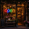 Bright OPEN neon sign for storefront and flower shop display