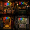 OPEN neon sign displayed in grocery tea clothing and mobile shops