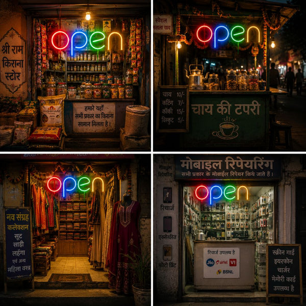 OPEN neon sign displayed in grocery tea clothing and mobile shops