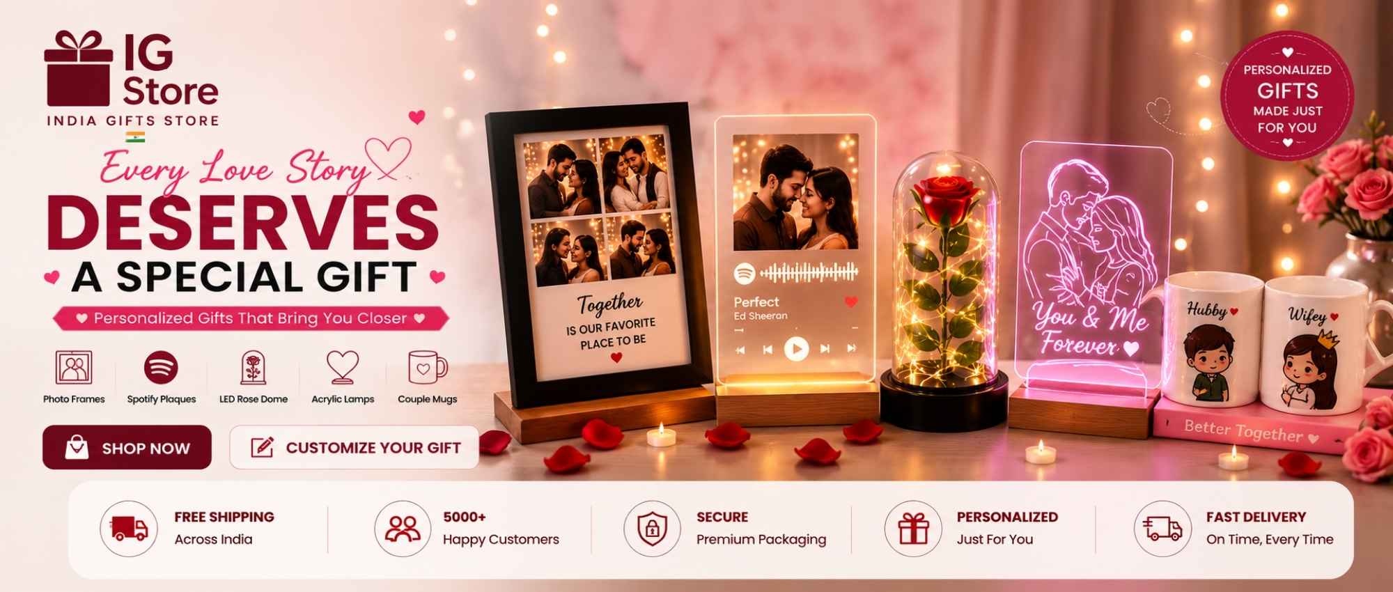 Promotional banner for India Gift Store with personalized gifts on a wooden surface.