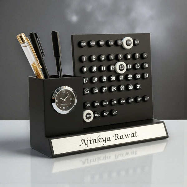 Personalized infinity calendar pen stand with clock and custom name plate for office desk gift