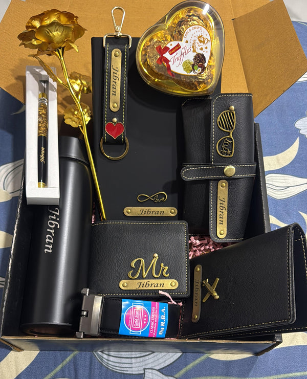 Personalized premium men's gift hamper with custom name bottle, diary, wallet, keychain, belt, pen, rose and chocolates