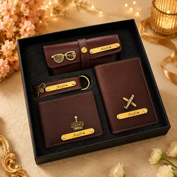Personalized brown Nexon material gift hamper with wallet, clutch, keychain and passport cover