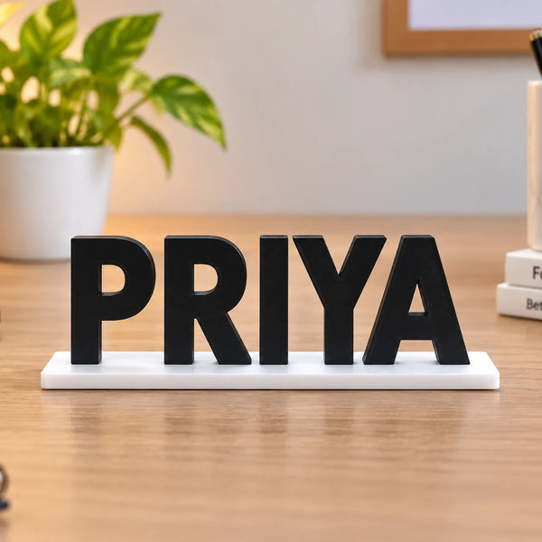 Personalized office table name plate with black 3D letters and white base