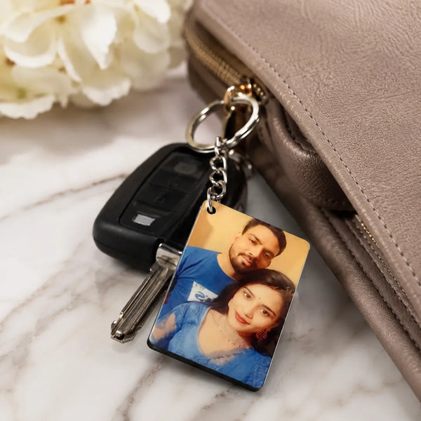 Personalized photo keychain with car key and handbag