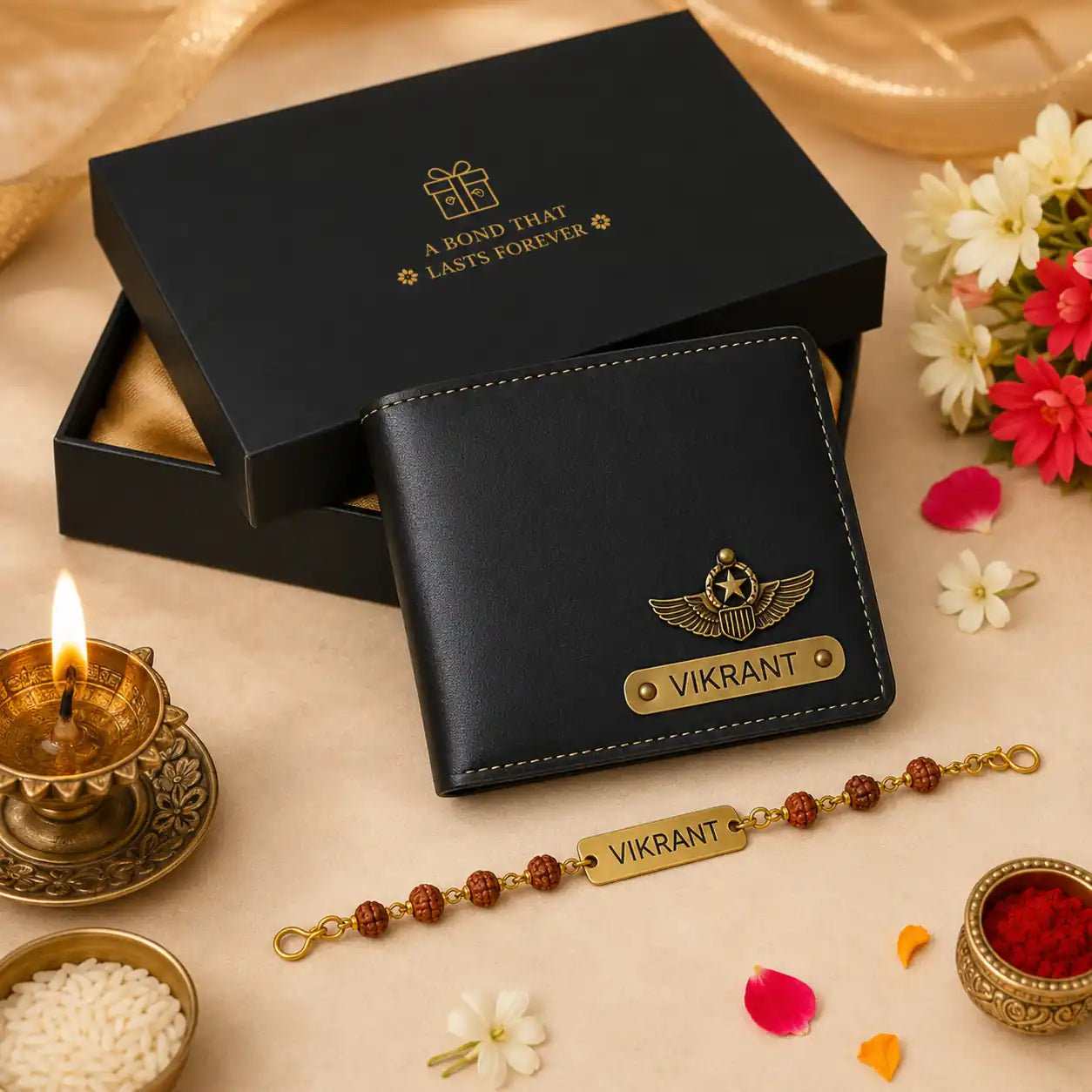 Personalized black wallet and Rudraksha Rakhi combo with premium gift box for brother
