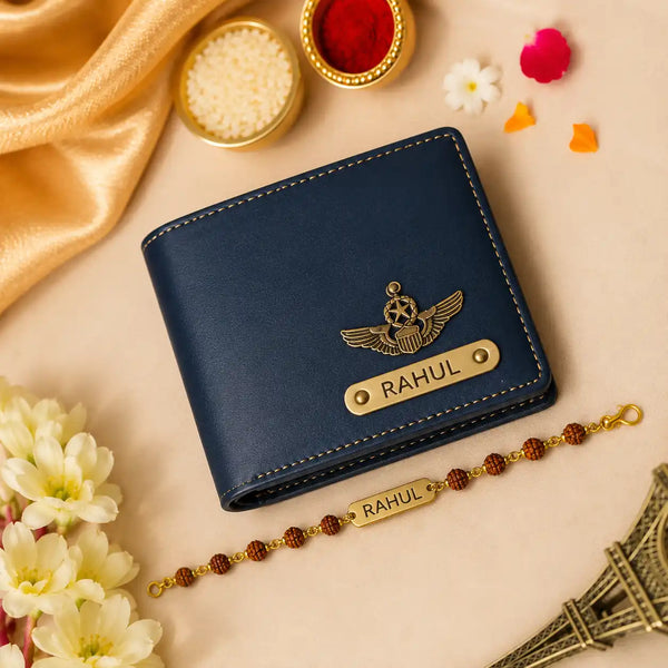 Personalized blue wallet with Aviator charm and Rudraksha Rakhi featuring brass name tags