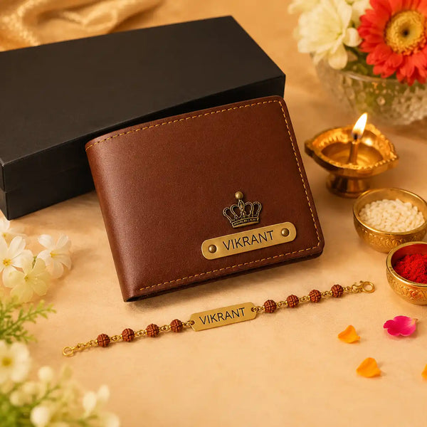 Personalized brown wallet and Rudraksha Rakhi gift combo with brass name tags for Raksha Bandhan