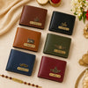 Personalized Rakhi combo wallet color options in brown, black, tan, green, blue and wine red