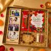 Personalized Rakhi combo with photo fridge magnet, Rudraksha Rakhi, chocolate, Rakhi card and roli chawal gift box