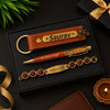 Personalized Rakhi combo with custom name keychain, engraved pen and Rudraksha bracelet in premium gift box