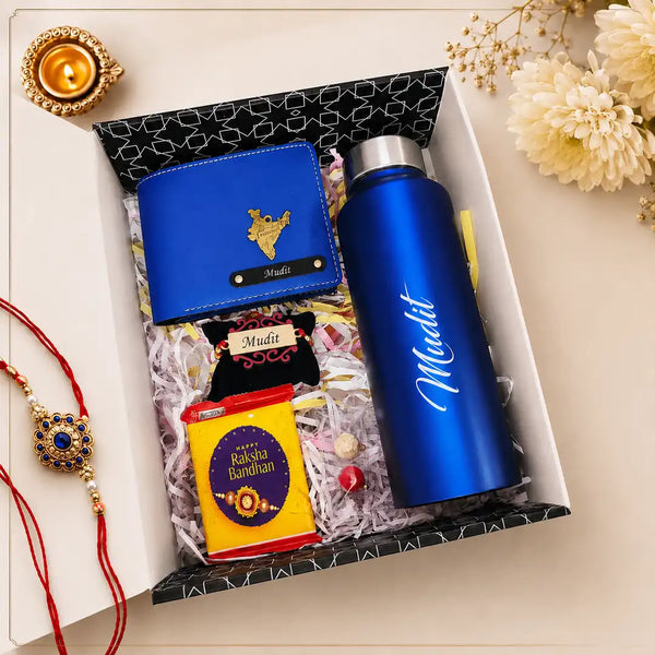 Personalized Rakhi gift hamper in blue with 750 ml stainless bottle, Nexon wallet, custom Rakhi, KitKat chocolate, roli chawal and Rakhi card