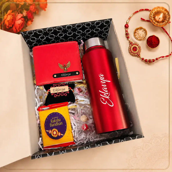 Personalized Rakhi gift hamper in red with 750 ml stainless bottle, Nexon wallet, custom Rakhi, KitKat chocolate, roli chawal and Rakhi card