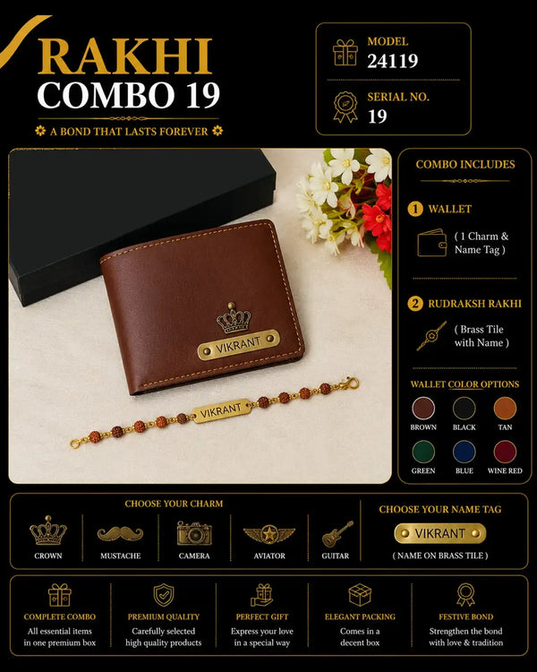 Personalized wallet and Rudraksha Rakhi 2 in 1 gift combo with charm and name tag options