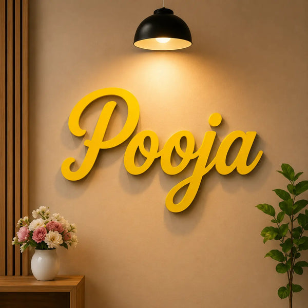 Pooja yellow custom wooden name plate for home decor