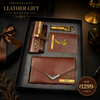 Premium personalized leather gift hamper for women with custom name accessories on luxury dark background