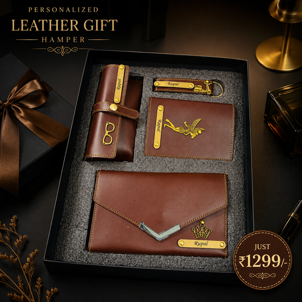 Premium personalized leather gift hamper for women with custom name accessories on luxury dark background