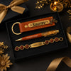 Premium Rakhi gift combo for brother with personalized name keychain, pen and Rudraksha bracelet