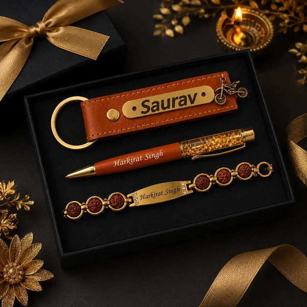 Premium Rakhi gift combo for brother with personalized name keychain, pen and Rudraksha bracelet
