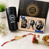 Premium Rakhi gift hamper for brother with personalized BRO fridge magnet, custom name Rakhi, travel mug and Rakhi essentials