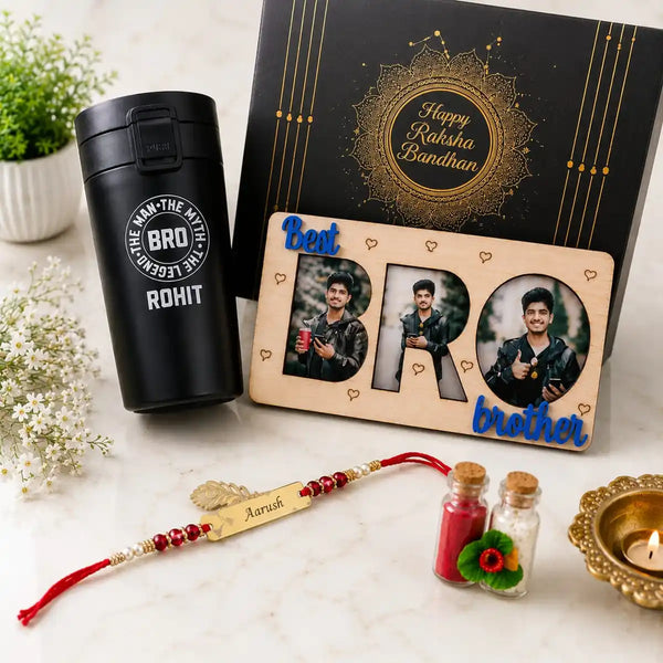 Premium Rakhi gift hamper for brother with personalized BRO fridge magnet, custom name Rakhi, travel mug and Rakhi essentials