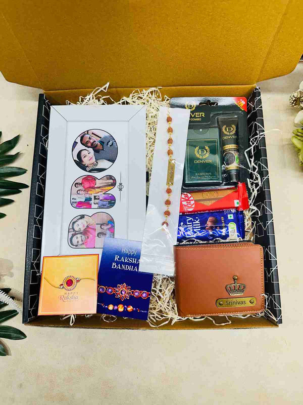 Rakhi Combo 03 gift hamper with 8 inch photo frame mens wallet Rudraksha Rakhi chocolates Denver body spray face wash and Rakhi card