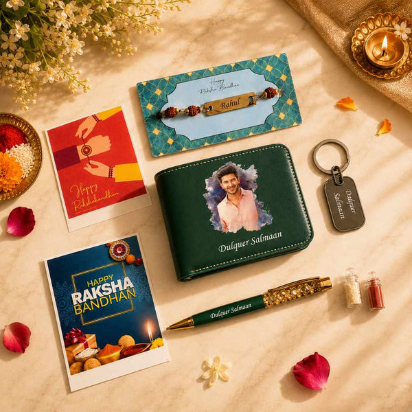 Rakhi Combo 04 personalized Raksha Bandhan gift hamper with green artistic photo print wallet, matching pen, metal keychain, Rudraksha Rakhi, roli chawal bottles and cards