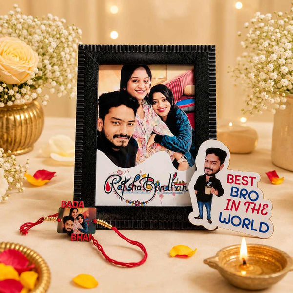 Rakhi Combo 05 Raksha Bandhan gift hamper for brother with photo frame, caricature fridge magnet and themed wooden Rakhi