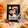Rakhi Combo 05 personalized gift set with 5x7 table photo frame, caricature fridge magnet and custom wooden Rakhi