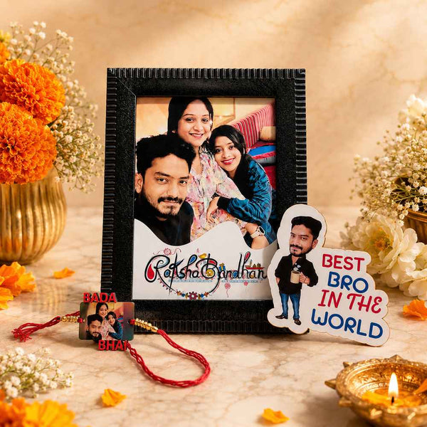 Rakhi Combo 05 personalized gift set with 5x7 table photo frame, caricature fridge magnet and custom wooden Rakhi