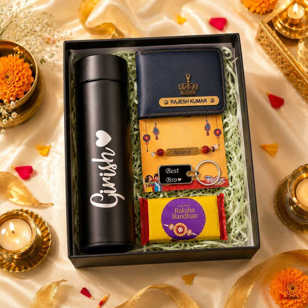 Rakhi Combo 06 Raksha Bandhan gift set for brother with personalized bottle, wallet, Rakhi, keychain and chocolate