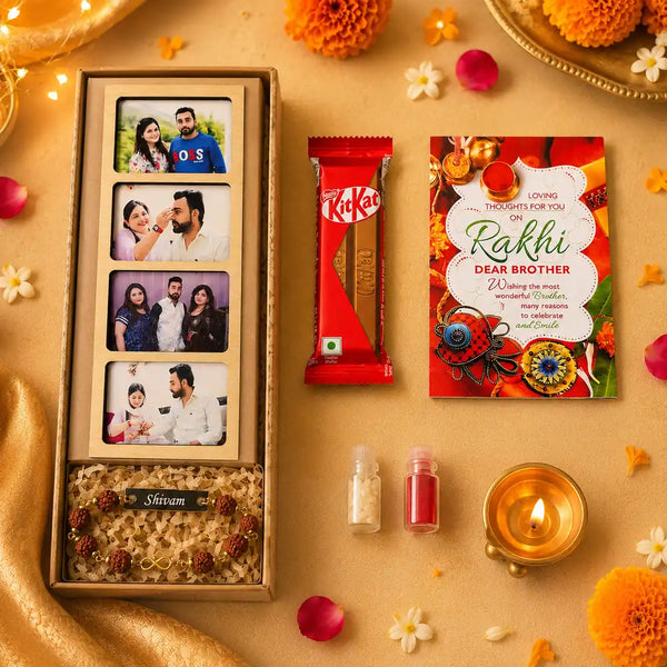 Rakhi gift combo for brother with personalized photo magnet, Rudraksha Rakhi, chocolate, greeting card and roli chawal