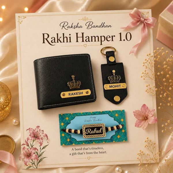 Rakhi Hamper 1.0 personalized gift set with NEXON men wallet, photo keychain and custom Ratan MDF Rakhi