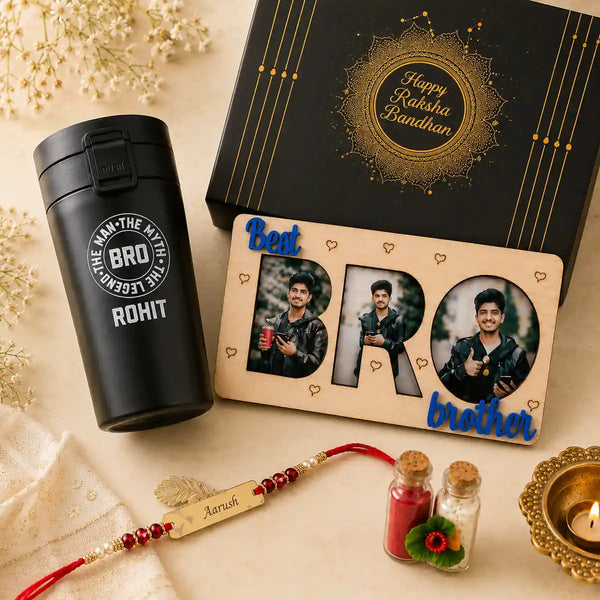 Premium personalized Rakhi hamper for brother with photo magnet, name Rakhi, travel mug and festive essentials